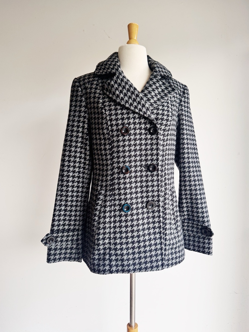 NWOT Faded Glory Houndstooth Hooded Peacoat Wool Blend Black Gray M